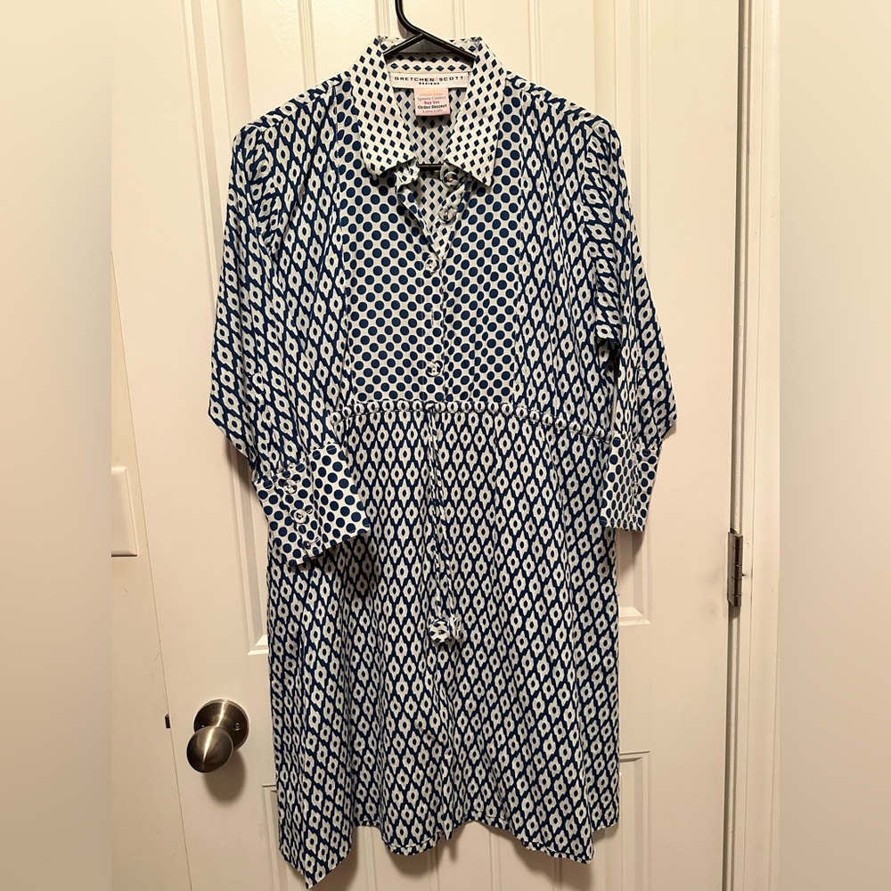 Gretchen Scott Blue and White Patterned Tie front Dress
